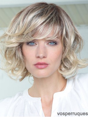 Perruques bouclées de cheveux humains avec une frange Longueur d'épaule monofilament Couleur blonde