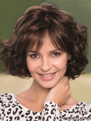Lace Wig With Bangs Wavy Style Chin Length Brown Color