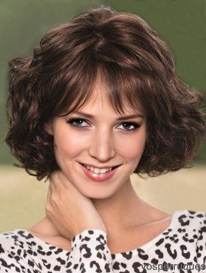 Perruque en dentelle avec frange Style ondulé Longueur de menton Couleur marron