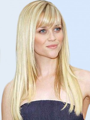 Blonde Remy Human Long Straight Straight avec Bangs Mono Wigs Cheveux humains