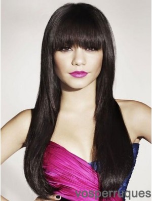 Black Human Hair With Bangs Long Length Straight Style