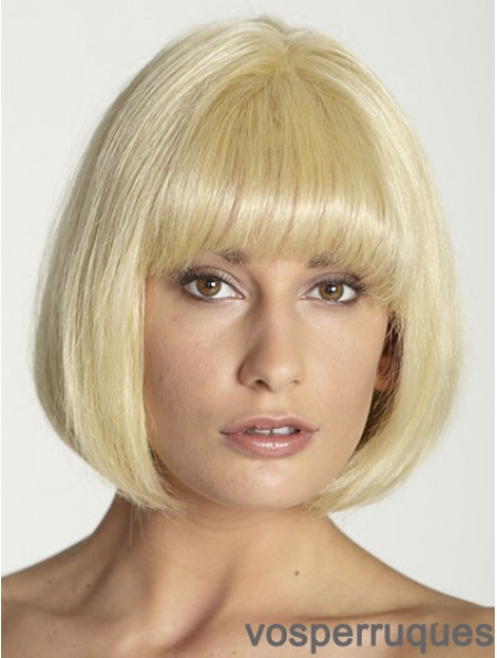 Blonde Straight Chin Length Bobs 100% Hand-tied Cheap Human Hair Wigs With Bangs
