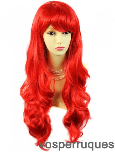 Vente chaude cheveux longs ondulés avec frange 24 pouces perruques rouges