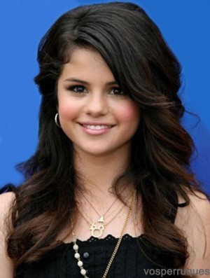 Nouveau noir long ondulé 20 pouces avec frange perruques de dentelle Selena Gomez