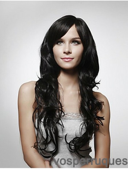 Long Curly Human Hair Wigs Layered Cut Black Color