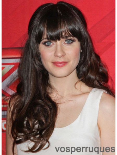Brown Curly Remy Human With Bangs Cheveux humains Monofilment Zooey Deschanel Perruques