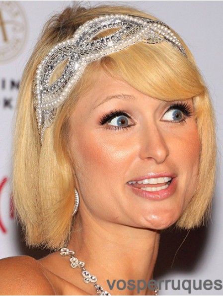 100% longueur du menton noué à la main avec une frange blonde incroyable Paris Hilton perruques
