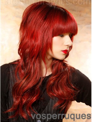 Perruques Rouges de Cheveux Humains Style Ondulé Longue Longueur avec Frange