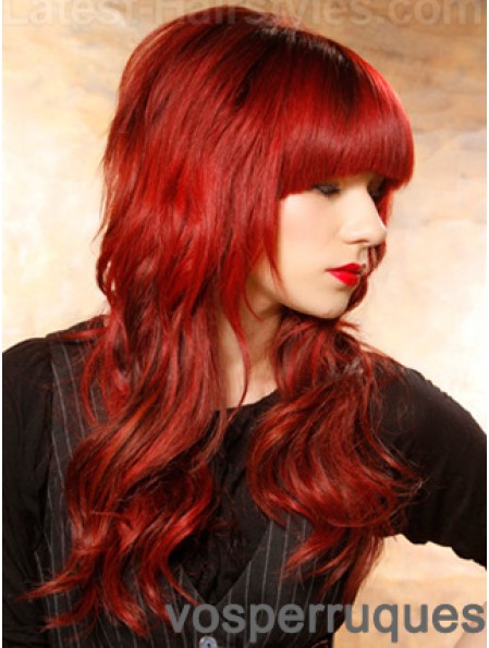 Human Hair Red Wigs Wavy Style Long Length With Bangs