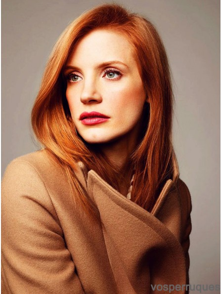 Sans Frange Longue Cuivre Droite 16 pouces Cheveux Humains Confortables Jessica Chastain Perruques