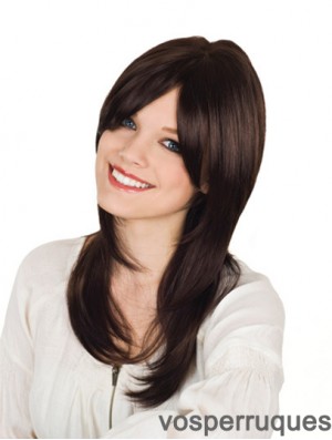 Avec Bangs Long Brown Wavy 16 pouces Perruques de cheveux humains durables