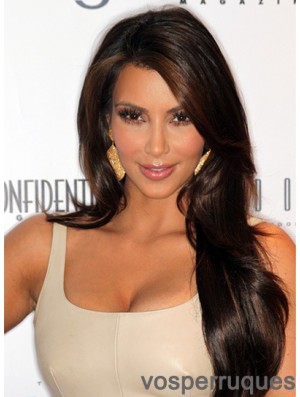 Perruques Kim Kardashian à la mode à la main 100% nouées à la main marron longue ondulée