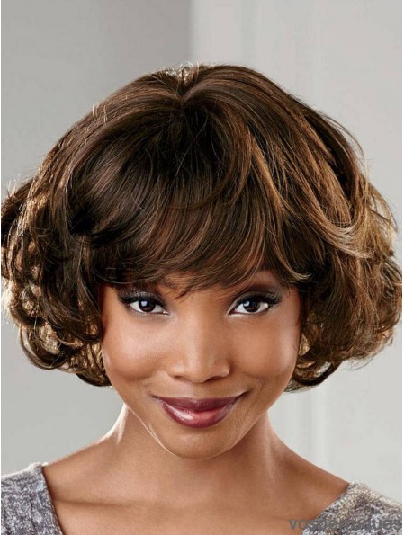 Brun court ondulé avec frange magnifiques perruques afro-américaines