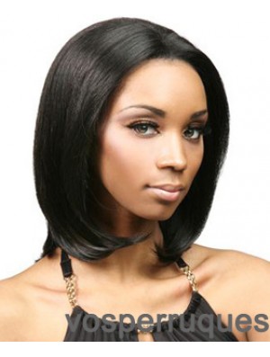 Without Bangs No-Fuss Yaki Black Chin Length Human Hair Lace Front Wigs
