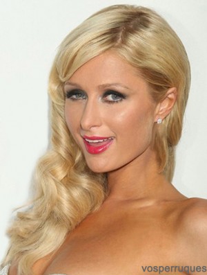 100% Longue Ondulée Liée À La Main Sans Frange Blonde No-Fuss Paris Hilton Perruques