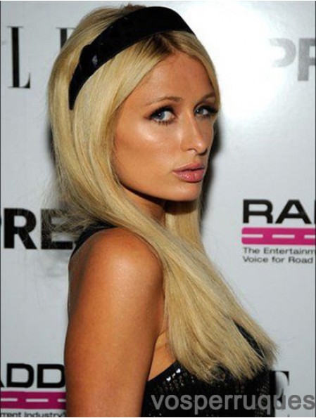100% attaché à la main longue ligne droite sans frange Blonde parfaite Paris Hilton perruques