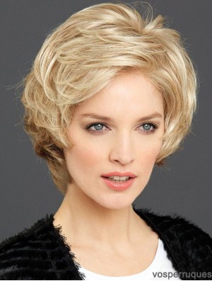 Perruques blondes 100% nouées à la main de haute qualité en couches courtes ondulées
