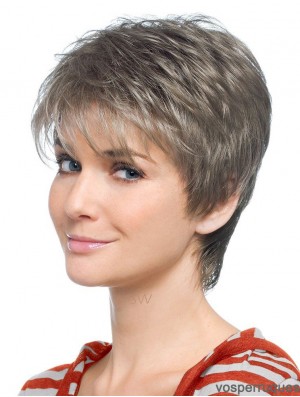 Perruque grise avec style droit synthétique sans capuchon, coupe courte, coupe grise