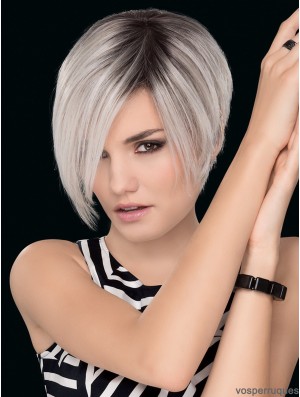 Grey 7 inch Straight Without Bangs Hand Tied Wigs