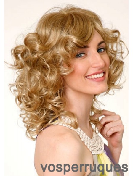 Layered Blonde Curly Shoulder Length 16 pouces Perruques moyennes durables