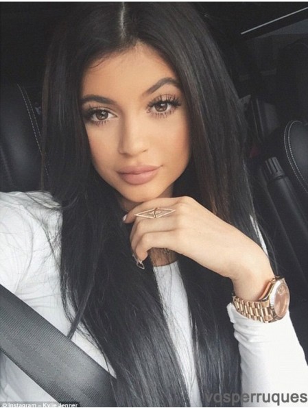 À la mode 20 pouces longue ligne droite sans frange pleine dentelle perruques Kylie Jenner