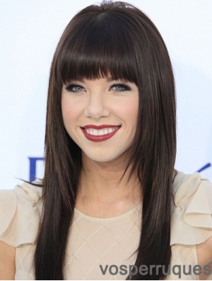 Human Hair Carly Rae Jepsen Wigs 100% Hand Tied Black Color With Bangs