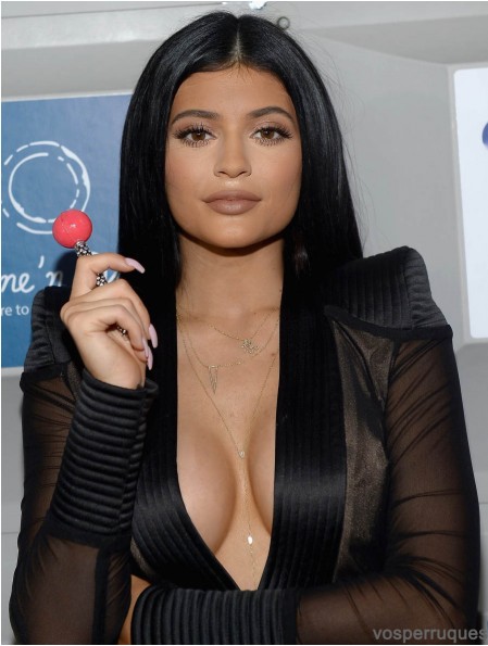 Incroyable 16 pouces longue ligne droite sans frange pleine dentelle Kylie Jenner perruques