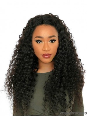 24 inch Without Bangs Black Curly Remy Human Hair 360 Lace Wigs