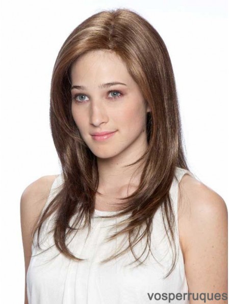 Synthetic 100% Hand Tied Brown Layered Straight Long Mono Top Wigs