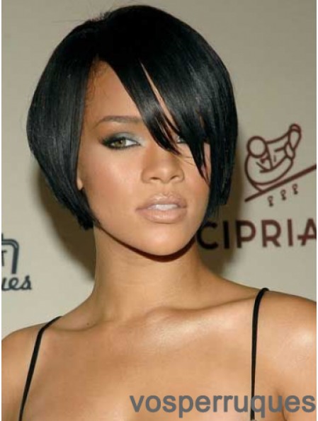 Perruques Rihanna idéales noires droites avec frange en dentelle 8 pouces