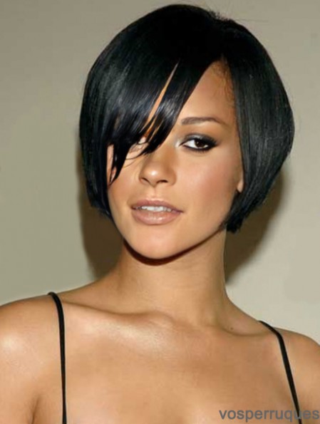 Perruques Rihanna idéales noires droites avec frange en dentelle 8 pouces