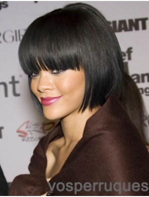Noir droit avec une frange 100% attaché à la main 10 pouces de flexibilité Rihanna perruques