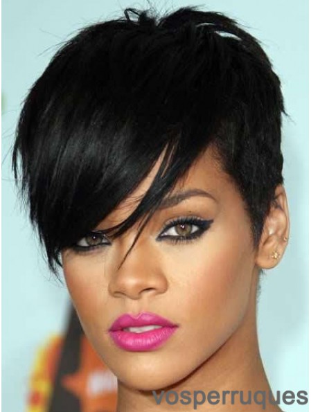 Rihanna Style perruques en dentelle sans colle avec frange couleur noire