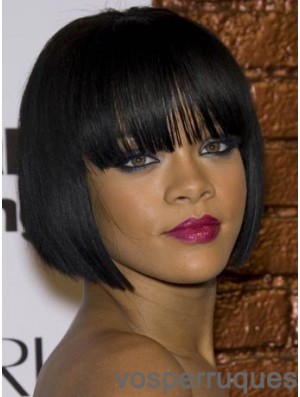 Noir droit avec frange 100% noué à la main 10 pouces perruques Rihanna abordables