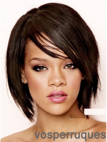 Perruques Rihanna souples noires droites avec frange 100% nouées à la main de 8 pouces