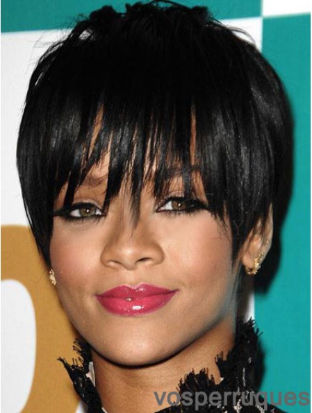 Perruques Rihanna droites noires sans capuche adaptées