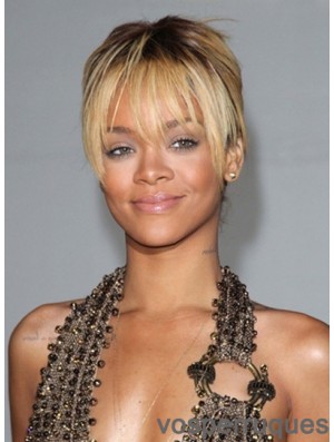 Perruques Rihanna droites blondes courtes sans coupe
