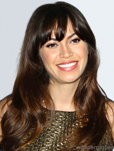 No-Fuss Brown Long Wavy 22 pouces avec perruques Bangs Zooey Deschanel