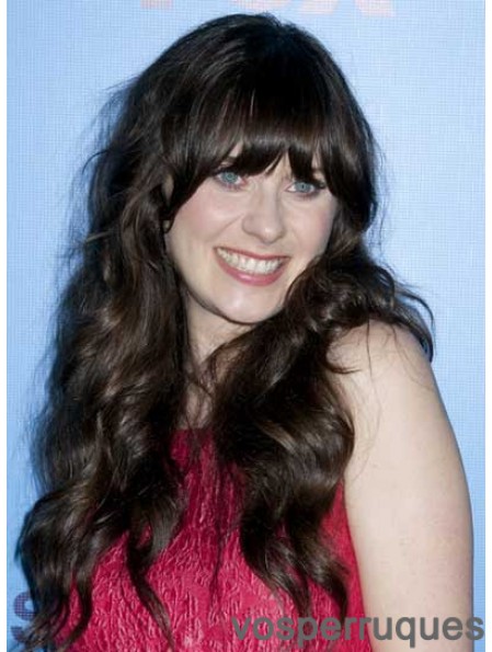 Idéal noir long bouclé 25 pouces avec des perruques Bangs Zooey Deschanel