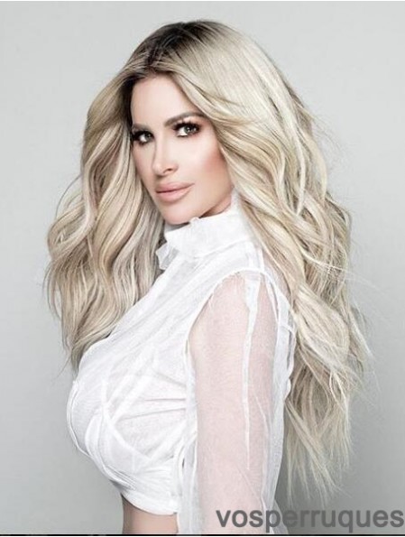 23  inchPlatinum Blonde Layered Wavy Long Synthetic Lace Front Perruques Kim Zolciak