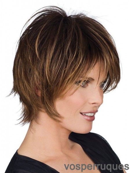 Perruques courtes avec coupe droite en couches de style brun capless Remy